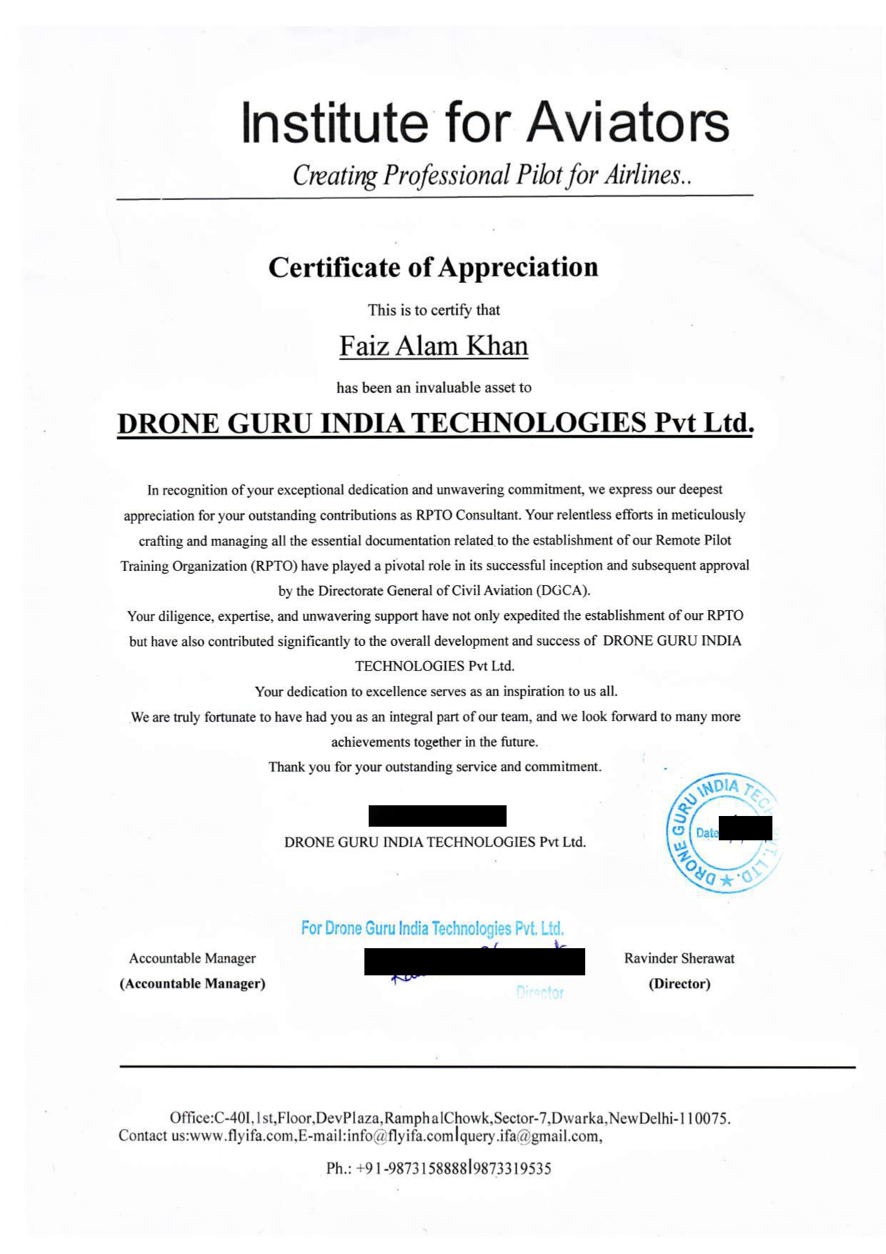 Drone Guru Certificate of Appreciation