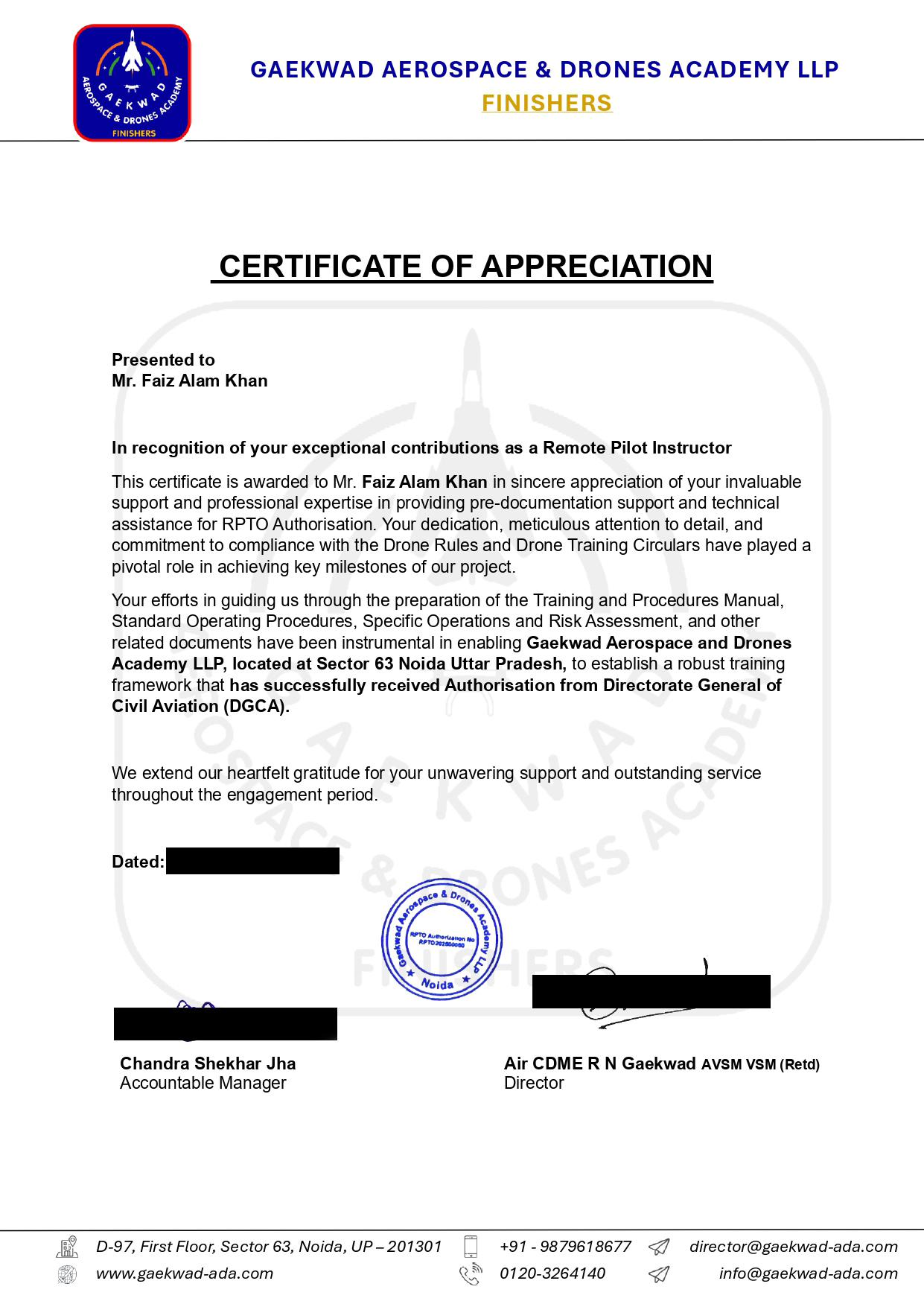 GADA Certificate of Appreciation