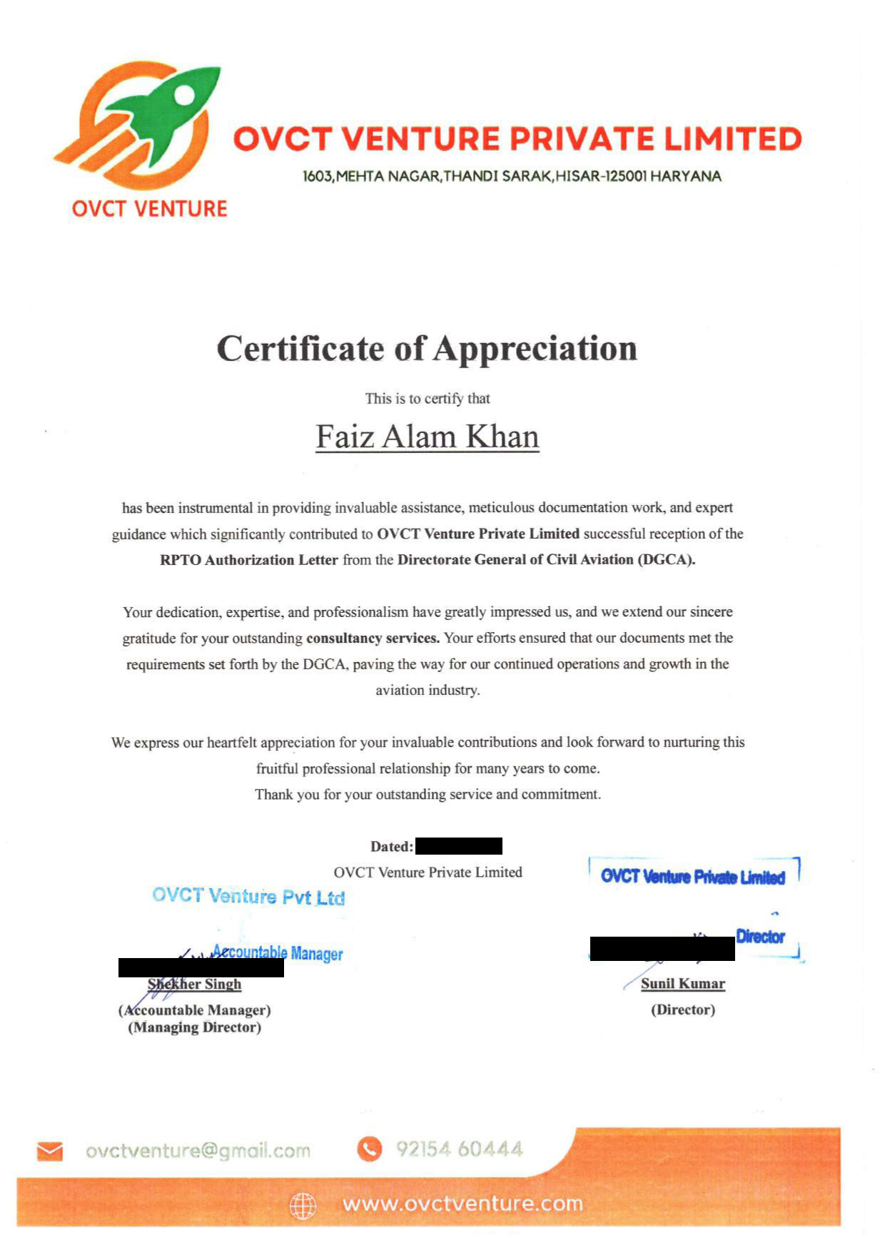 OVCT Venture Certificate of Appreciation