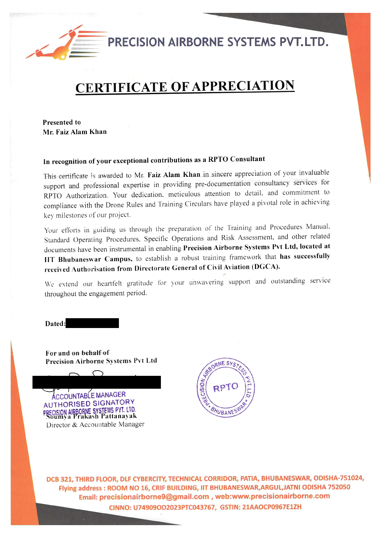 Precision Airborn System Certificate of Appreciation
