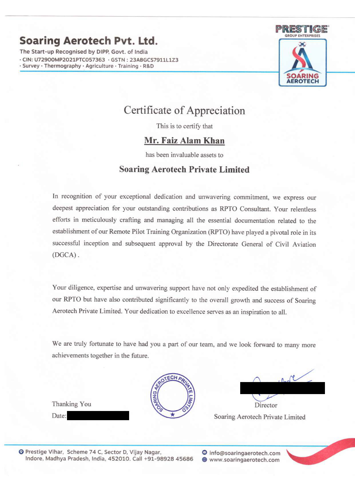 Soaring Aerotech Certificate of Appreciation